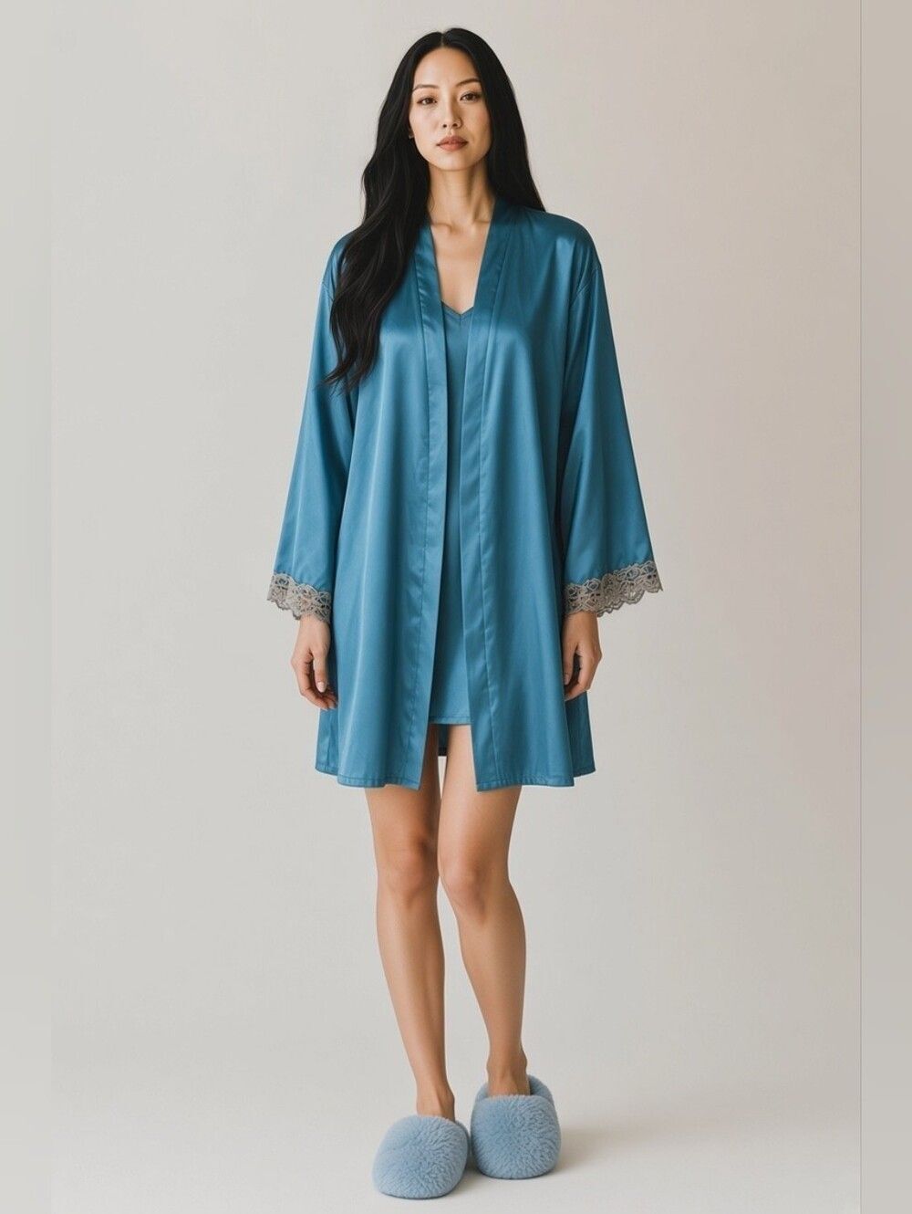 Short Teal Satin Long Sleeve Robe  with Lace Trim Without Tie Misses Size Med